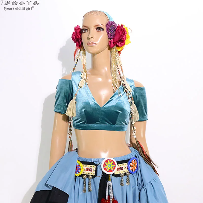 

Belly Dance Velvet Fat Chance Tribal Choli Belly Dance Costume Short Drop Sleeve Top CJJ03