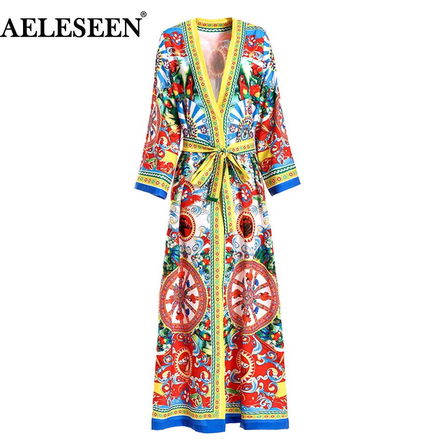 

AELESEEN Autumn Runway Designer Loose Maxi Dresses Women' Long Sleeve Elegant Belt Split Printed Vintage Long Dress vestido