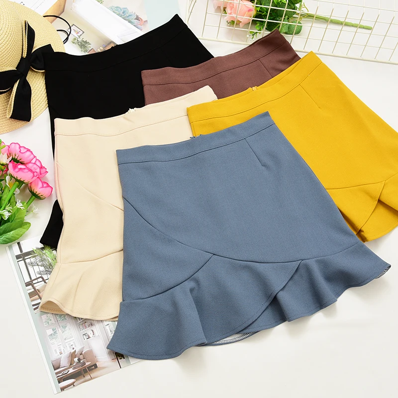 Solid Irregular Mini Mermaid Skirts Women Sexy Ruffles High Waist Package Hips Sweet Saias Office Ladies Work Slim Elegant Skirt