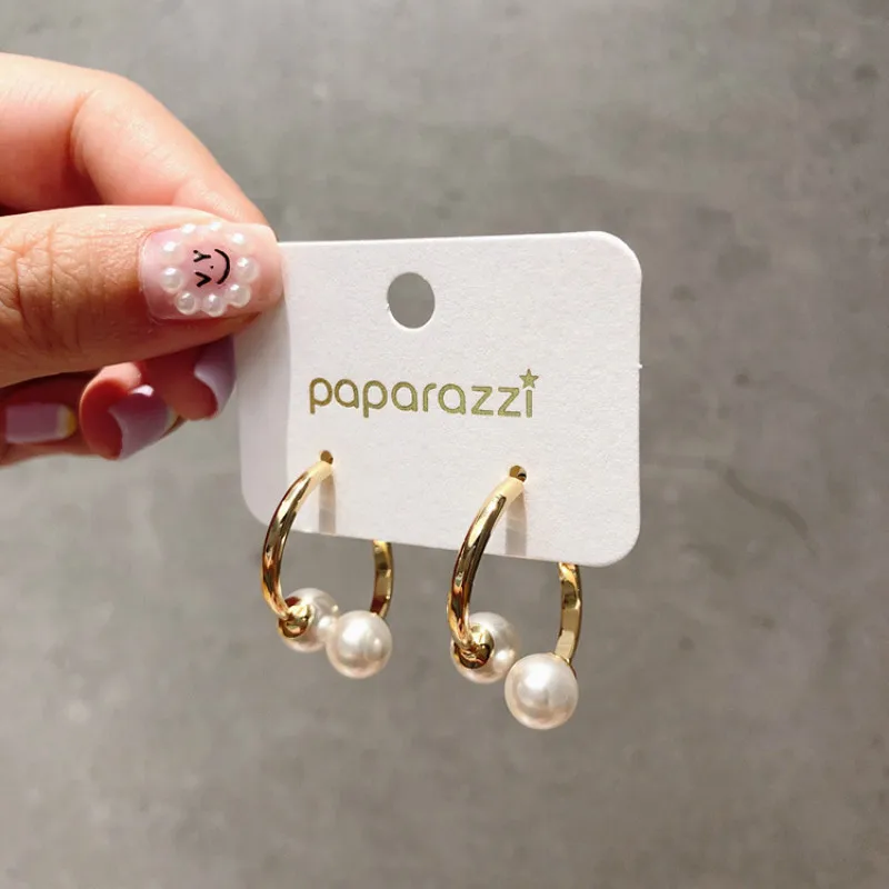 

Vintage Metal Double Imitation Pearl Earrings Elegant Temperament Personality Open Circle Drop Earrings Wild Jewelry for Women