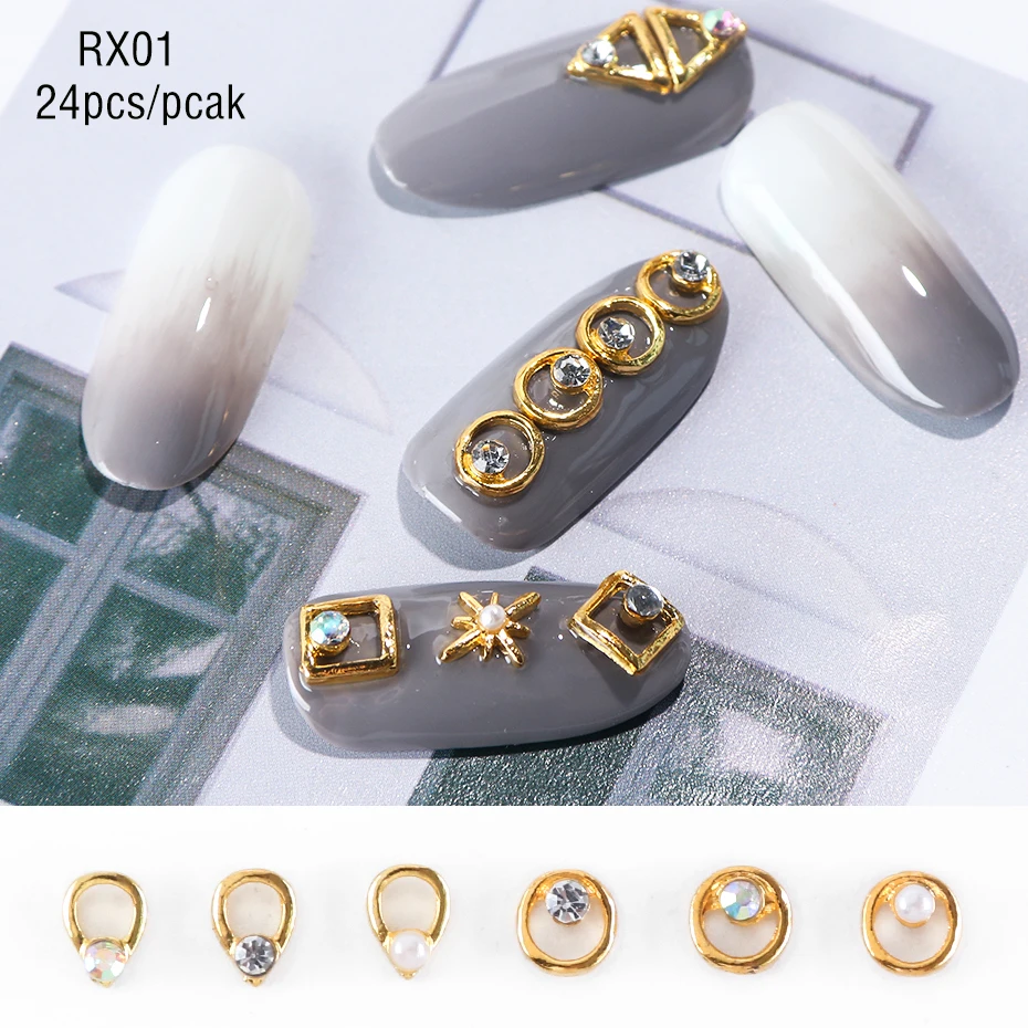 24pc Gold 3D Nail Art Decorations Charm Alloy Metal Set Mixed Star Moon AB Rhinestones Jewelry Frame Rivet DIY Accessories LA971 (11)
