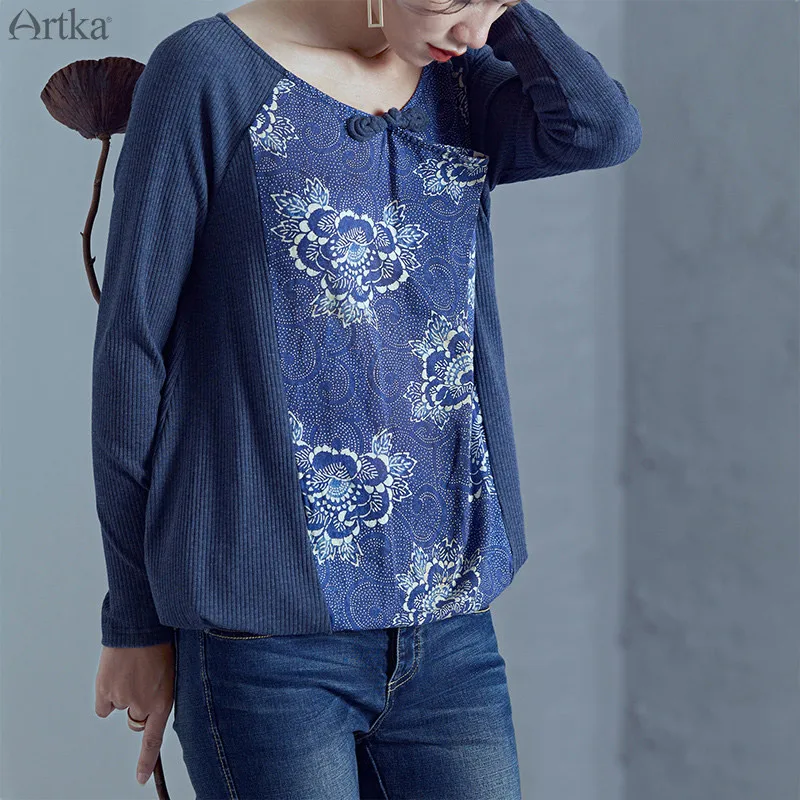 

CLEARANCE ARTKA 2018 Autumn New Women Vintage Raglan Sleeves Hand-button Ethinic Style Straight Short T-shirt TA10278Q