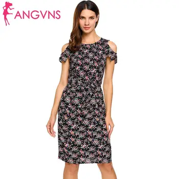 

O-Neck Women Back Dress Closure with Sleeve Knee Length Floral Short Casual Fashion Shoulder Cold Waistband Zipper