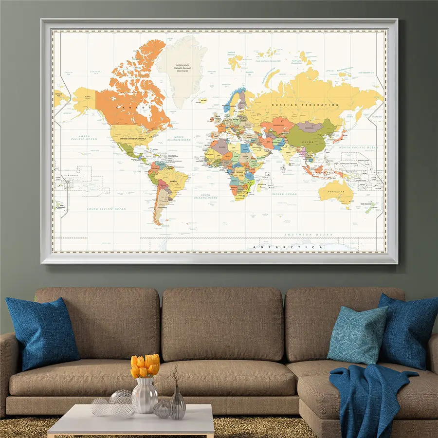 Colorful World Map Vintage Canvas Wall Sticker Classic Art Painting Home Decor Learning Education with Vivid Description | Дом и сад