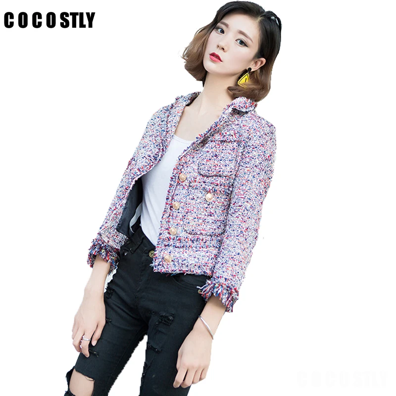 Outwear 2018 Vintage Color O Streetwear Tweed Manteaux Photo cou Automne Vestes Femmes Veste Mince Femelle Courts Casual 8PXwOkn0