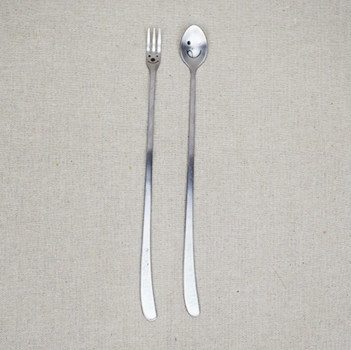

New Arrival Smile Elongate Handle Stainless Steel Spoon Fork Kit Creative Tableware Dinner Set 2Pcs/Lot Free Shipping