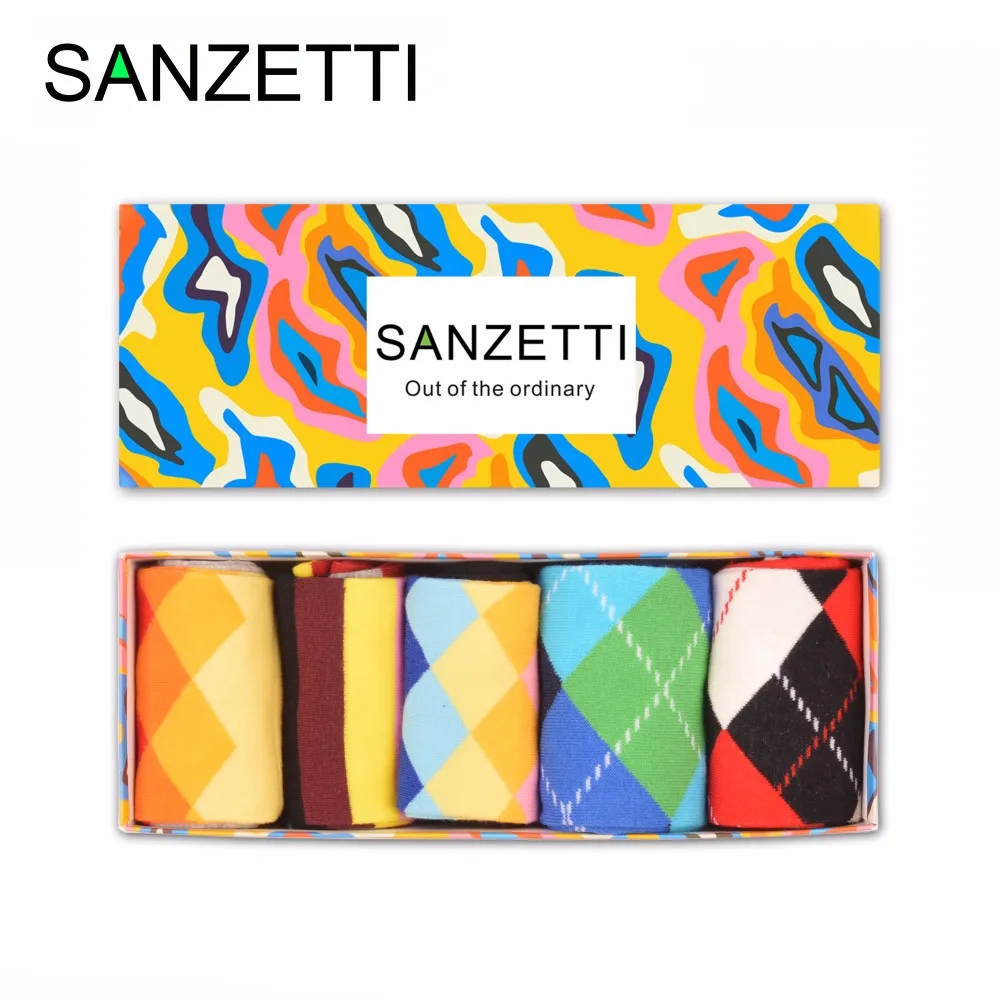 

SANZETTI 5 pairs/lot Gift Box Fashion Men's Combed Cotton Funny Crew Socks Classic Geometric Pattern Causal Trendy Streetwear