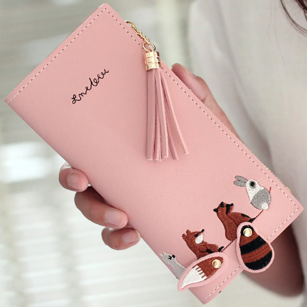 Hot Female Wallet Short Embroidery Animal Pattern Women Long Wallets Pink Green Black Gray Womens Wallets And Purses 2018 New