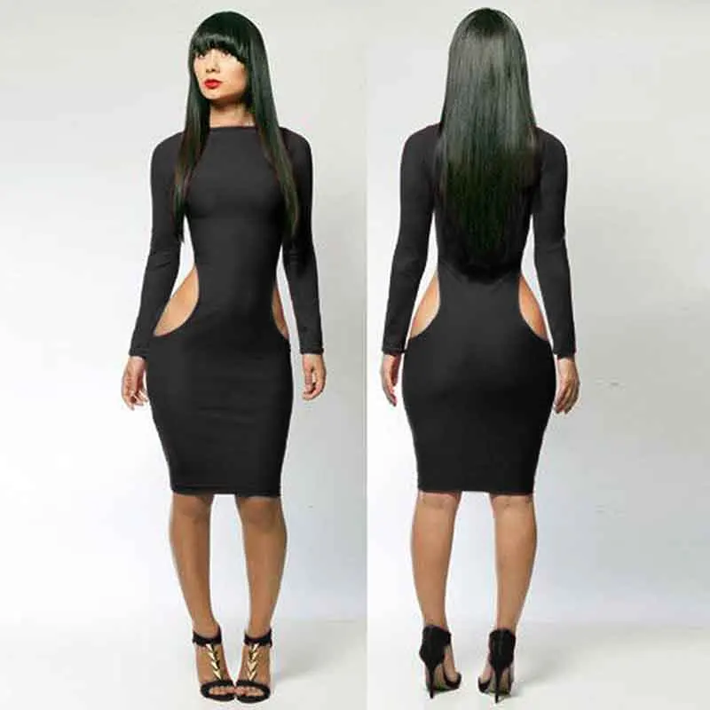 2019 Top Fashion Womens Summer Dresses Sexy Cut Out Female Clothes Dress Solid Night Club Party Bodycon Dress Long Sleeve (4)