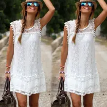2016 New Arrivals Women Solid White Lace Dress Sleeveless Sexy Hollow Out Plus Size Boho Mini Casual Dresses Vestidos De Festa