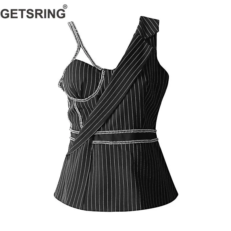 2019 Sans Manteau Veste Manches Getsring Mince Rayures Slim Tops Black Diamant Femmes Chaîne Manteaux Irrégulière Femelle a4wqw68x