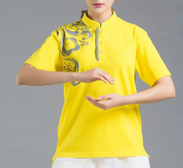 Unisexхлопок Лето с коротким рукавом кунг-фу Единоборства рубашки благоприятное облако Униформа Тай Чи костюмы красный/черный/синий/желтый/белый - Цвет: yellow