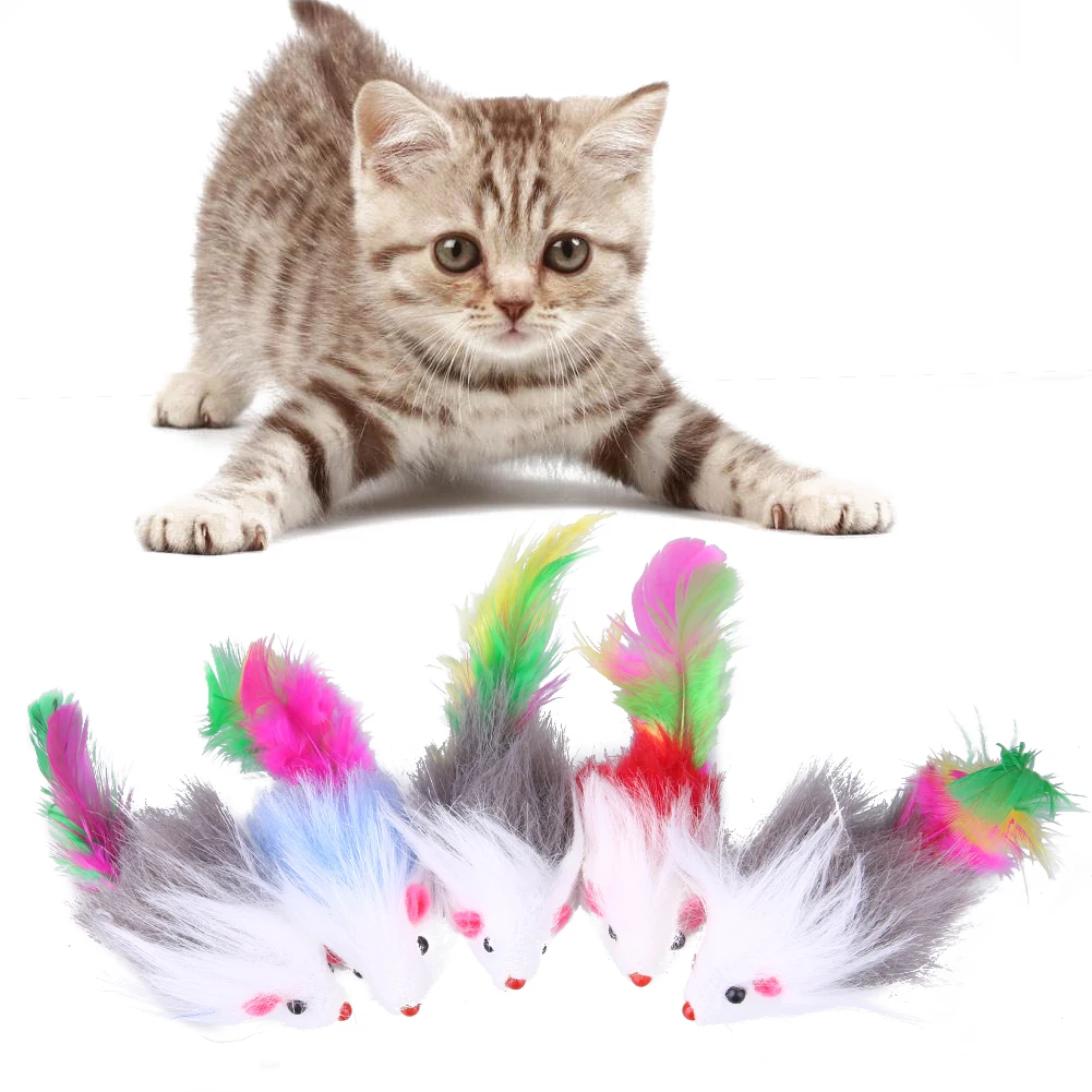 5 шт., мягкие флисовые Ложные игрушки для кошек с мышкой, милые цветные перья, забавные игрушки для домашних животных, Прорезыватель для кошек, котенок, игрушки в виде мышей, принадлежности