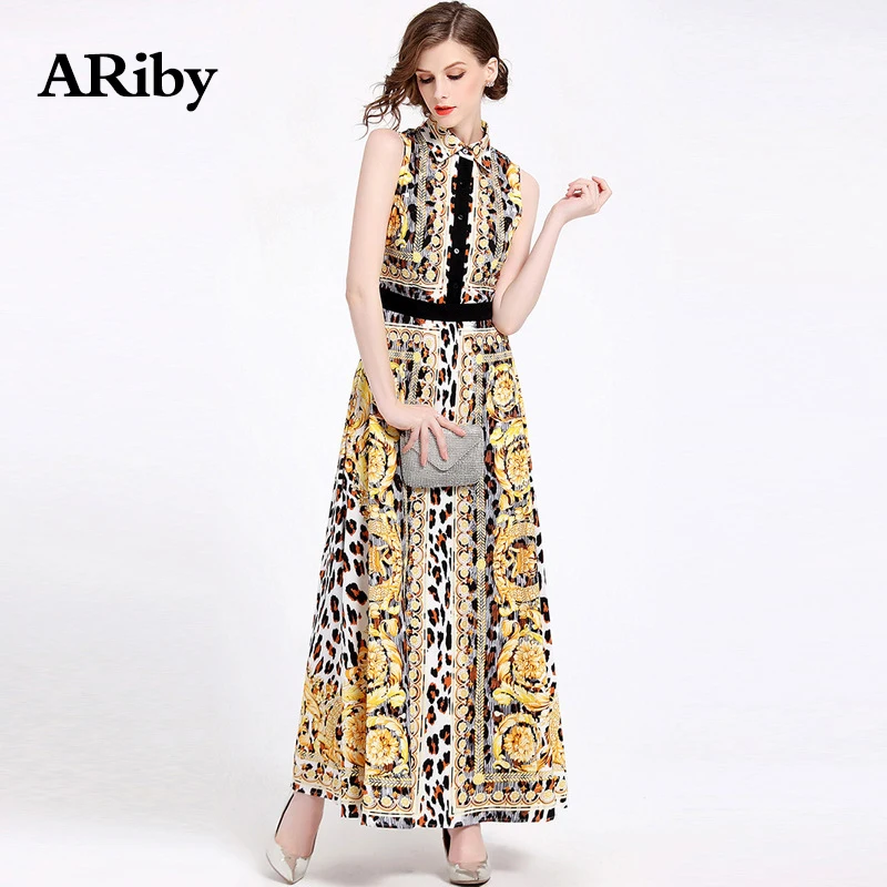 Women Dress Long Party Maxi Turn-down Collar Dress 2019 New Summer Vintage Fashion Temperament Printed A-Line Sleeveless Dresses