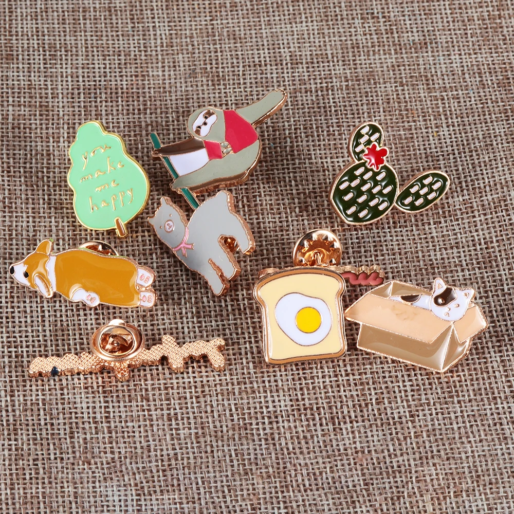 

2019 Cartoon Brooch Cactus Tree Toast Alpaca Toast Corgi Pins Badges Corgi Sloth Alpaca Cat Enamel Pins Lapel Pin For Women Men