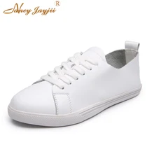 Натуральная кожа белый Женская обувь на плоской подошве мелкой Демисезонный мягкие Лоферы мода круглый носок Повседневное кроссовки Размеры 39-40 на шнуровке