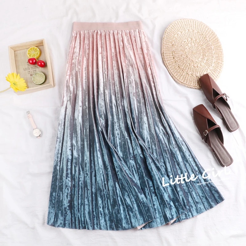 

2019 Spring Pleated Skirt High Waist Skirt Long Velvet Gradient Female Autumn Casual Winter Skirts Fashion Gorgeous Skirts
