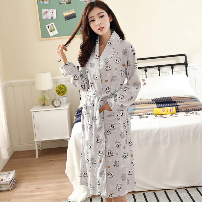 Cute dog print 100 Cotton women kimono robes Japanese Autumn long