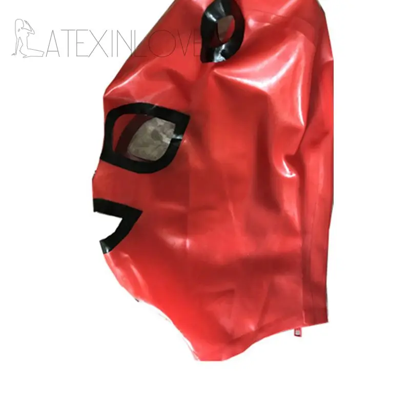 Sexy-Red Latex-Hood-Mask-Fetish-Pull-through-Holes-For-Hair-Open-Black-Eyes-Mouth-Trim -2