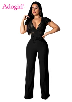 

Adogirl Lace Crochet Bow Loose Jumpsuit Wrap V Neck Cap Sleeve Sheer Mesh Romper Wide Leg Pants Casual Overall Sexy Clubwear