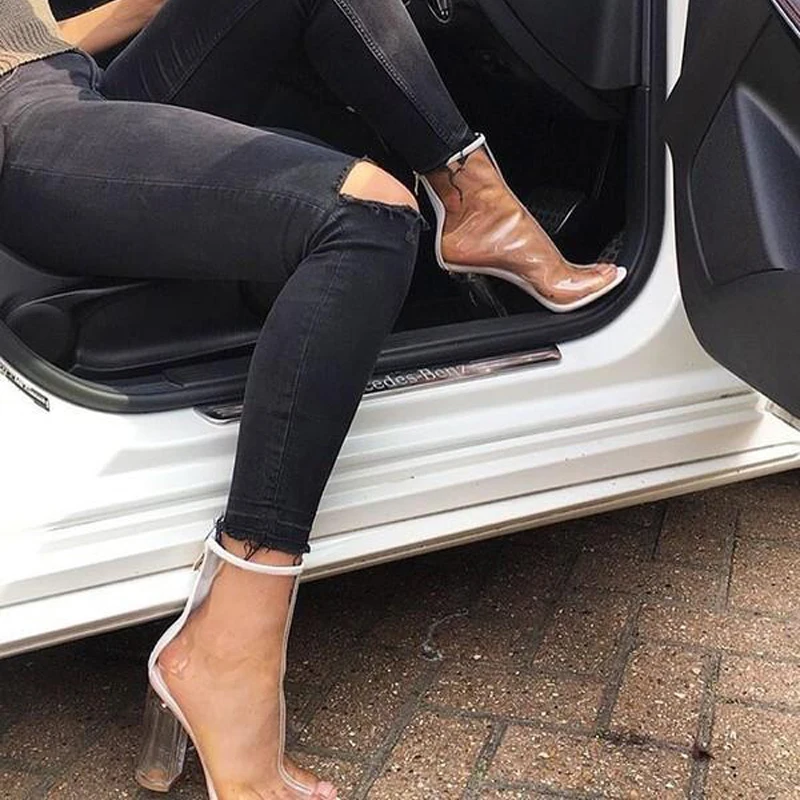 

Sexy PVC Transparent Gladiator Sandals Peep Toe Kim Kardashian Shoes Clear Chunky Heels Sandals Mujer Women Boots