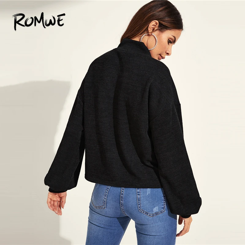  ROMWE Choker Neck Bishop Sleeve Pullover 2019 Black Fashion Women Spring Autumn Sweatshirt Stylish 