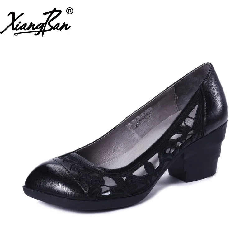 

Xiangban 2019 Spring Black High Heels Elegant Women Shoes Pointed Chunky Heels Leather Women Dress Shoes