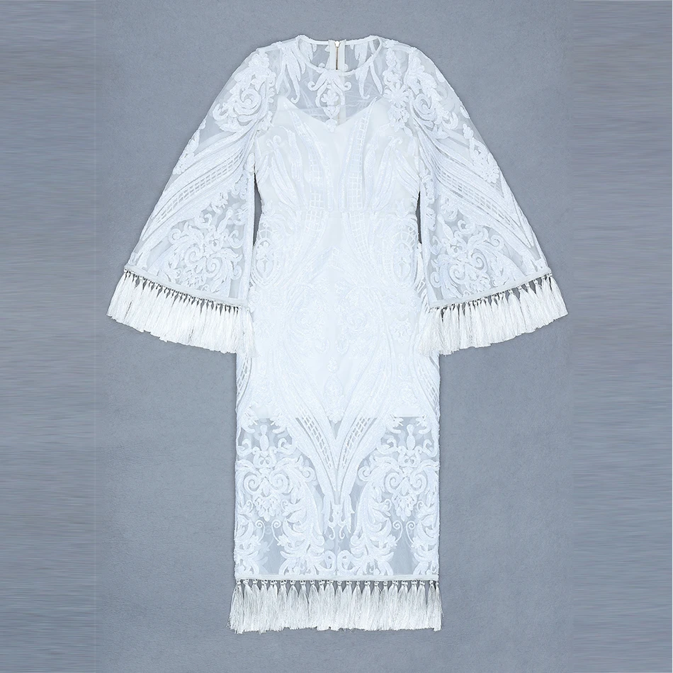 Модфи зимнее новое женское белое Бандажное платье сексуальное кружевное тонкое платье с длинными рукавами и кисточками с блестками женские вечерние платья Vestidos