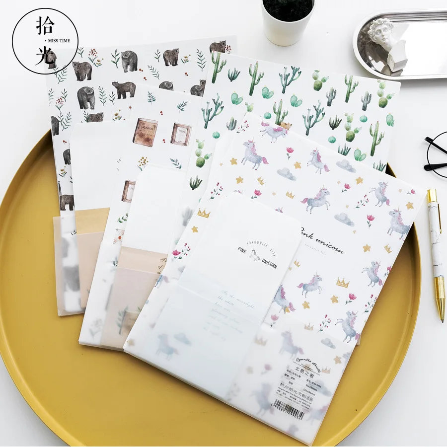 

9 Pcs/Set 3 Envelopes+6 Letter Papers Cartoon Animal Unicorn Cactus Letter Envelope Set Gift Stationery