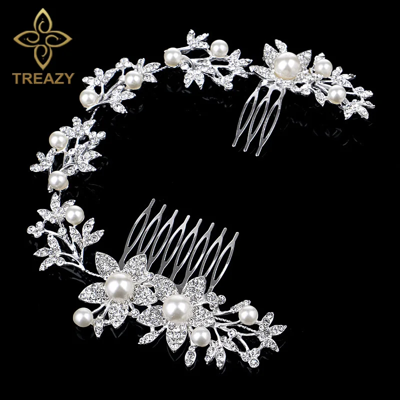 

TREAZY Fashion Crystal Pearl Wedding Hair Accessories for Women Silver Color Flower Bridal Long Hair Combs Pageant Prom Jewerlry