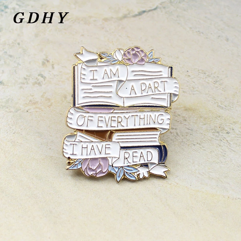 

GDHY Book Ribbon Brooch"I AM A PART OF EVERYTHING I HAVE READ" Open Books Purple Flower White Ribbon Badge Enamel Pins Jewelry
