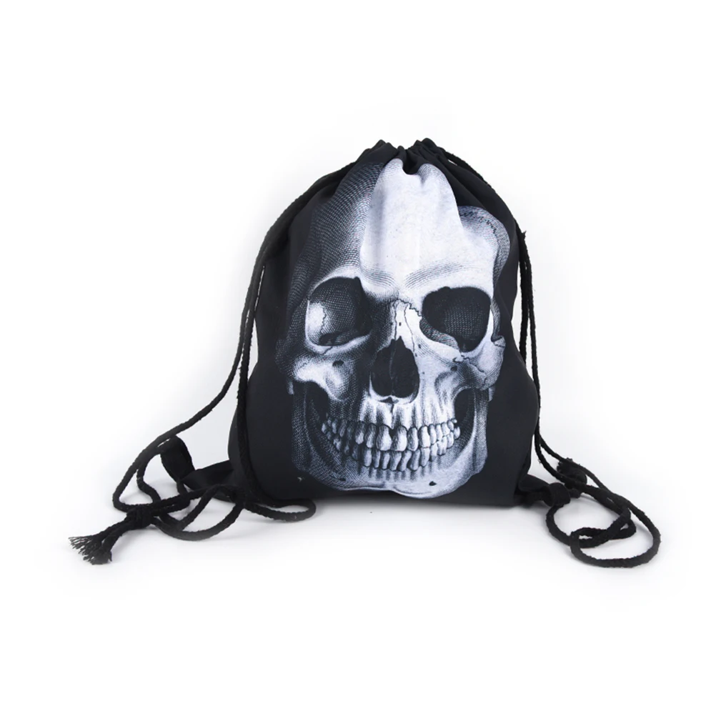 1PCS New Women daily Fashion Casual Drawstring Bag Girl 3D Printing Character Black Skull Mochila Feminina Backpack