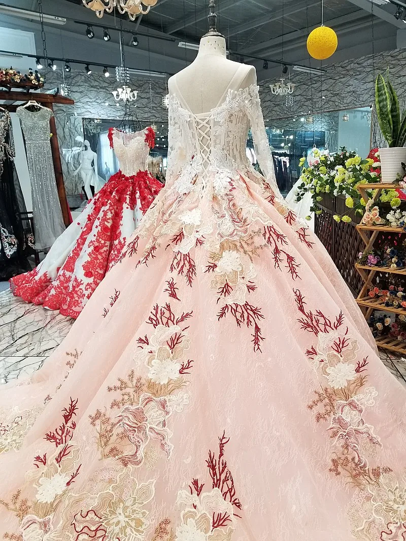 2018 Арабский стиль с открытыми плечами 3d цветы кружева розовые женские Свадебные платья бальное платье Длинные свадебные платья
