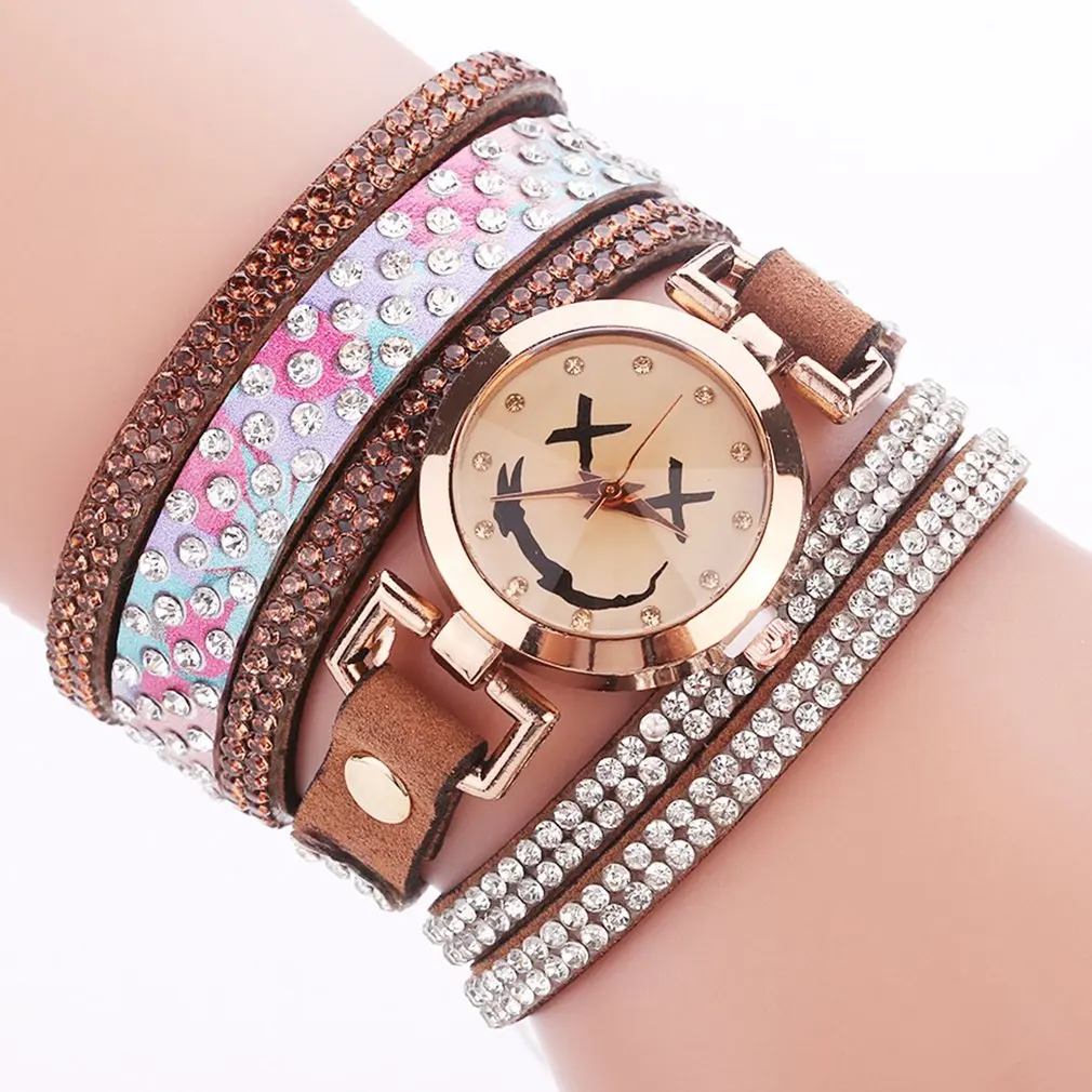 GENBOLI Leather Bracelet Watch Women Charm Smiling Face Slim Strap