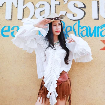 

original design new arrivals 2018 see through white mesh vintage v neck beaded ruffle long sleeve shirt women top