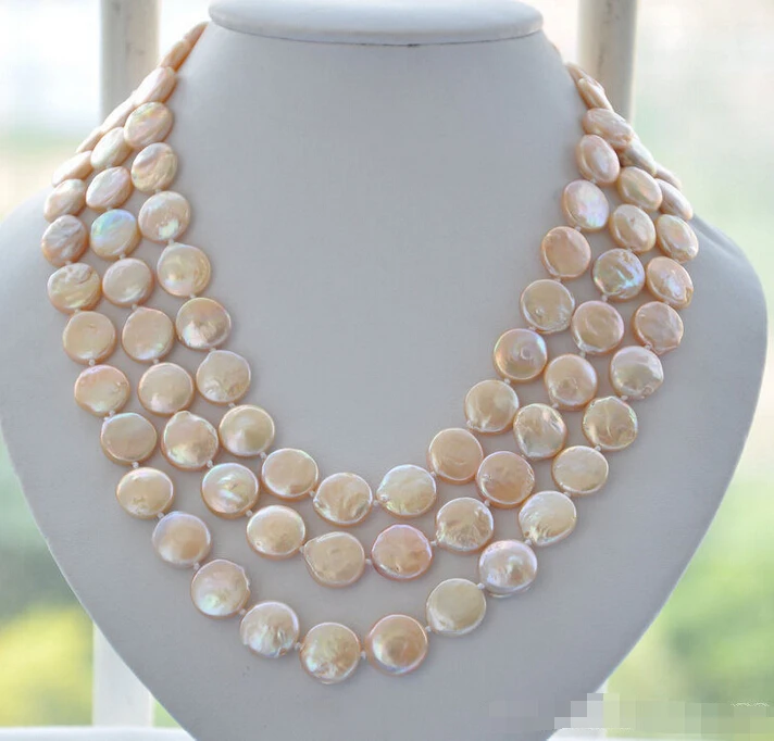 

Z5403 NATURAL 3row 14mm pink coin Freshwater cultured pearl necklace (A0513)
