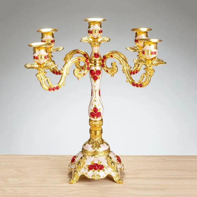 PEANDIM Golden Plated Golden Plated Rare Antique 5 arms Candle Holder Romantic Home Tabletop Candlestick Wedding Events Decor