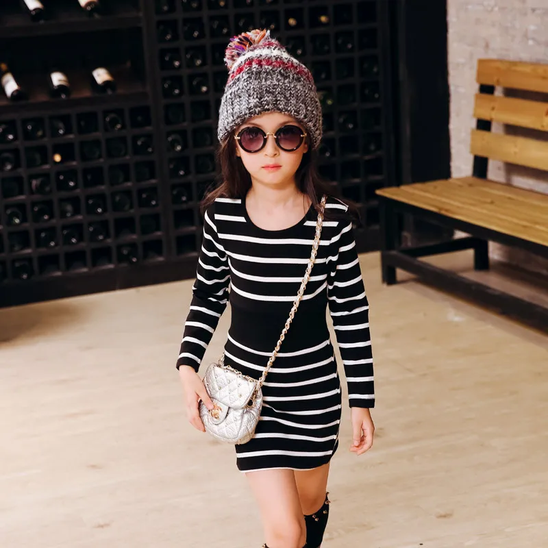 Осеннее Новое корейское осеннее платье в полоску с длинными рукавами для девочек Лидер продаж, детская одежда серый, черный