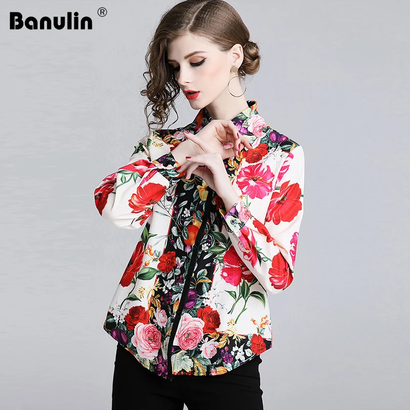 

Banulin New 2018 Autumn Summer Women Floral Print Runway Shirt High Quality Elegant Long Sleeve Turn Down Collar Blouses Tops