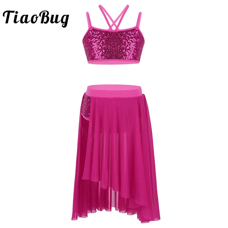 

TiaoBug Kids Teens Two-Piece Sequins Stage Lyrical Dance Costume Children Girls Gymnastics Ballet Briefs Skirt with Crop Top Set