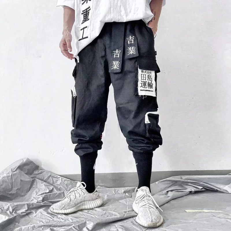 

US Size Cargo Pants Men Hip Hop Tactics Joggers Trousers Elastic Waist Fahsion Harajuku Streetwear Ribbon Pant Male DG82