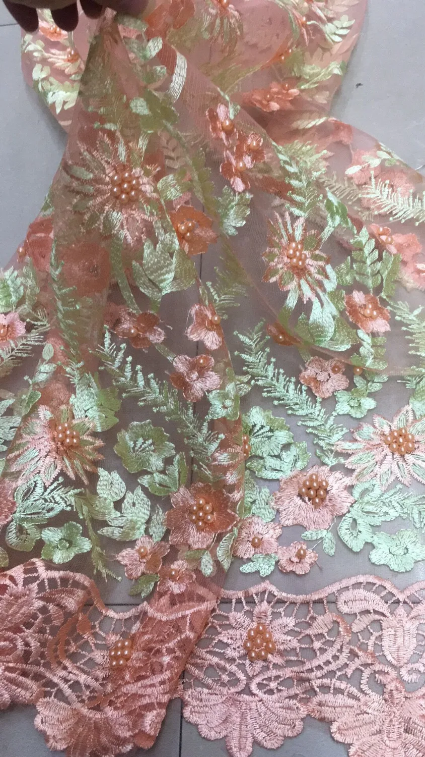 

Embroidered Tulle Lace Fabric with beads and pearls African French Lace Fabric with High Quality