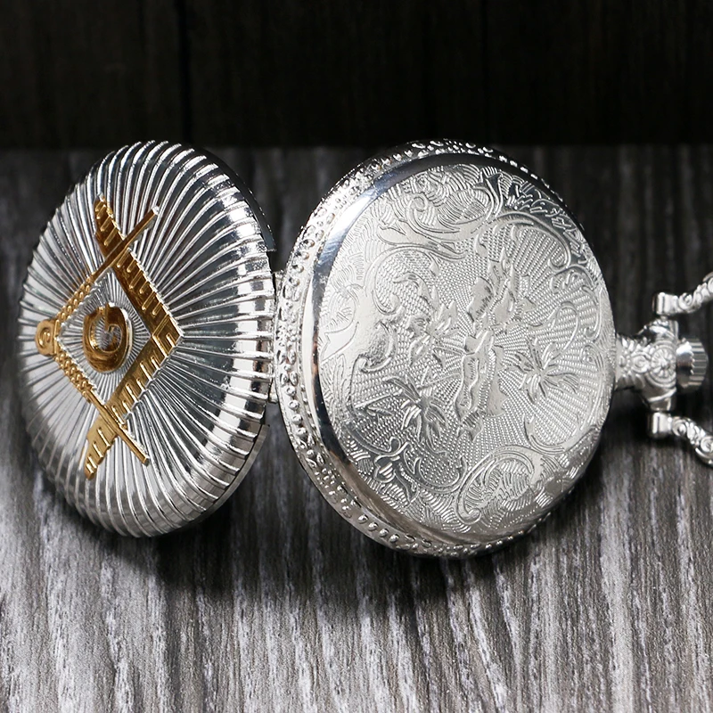 Модные Роскошные масонских тема серебристый и Золотой Дело Дизайн карманные часы с Цепочки и ожерелья Цепь для Для мужчин Для женщин Reloj De