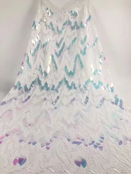 

2019 high quality african sequins lace fabric white blue for party Hot selling french net lace fabric with sequins wedding party