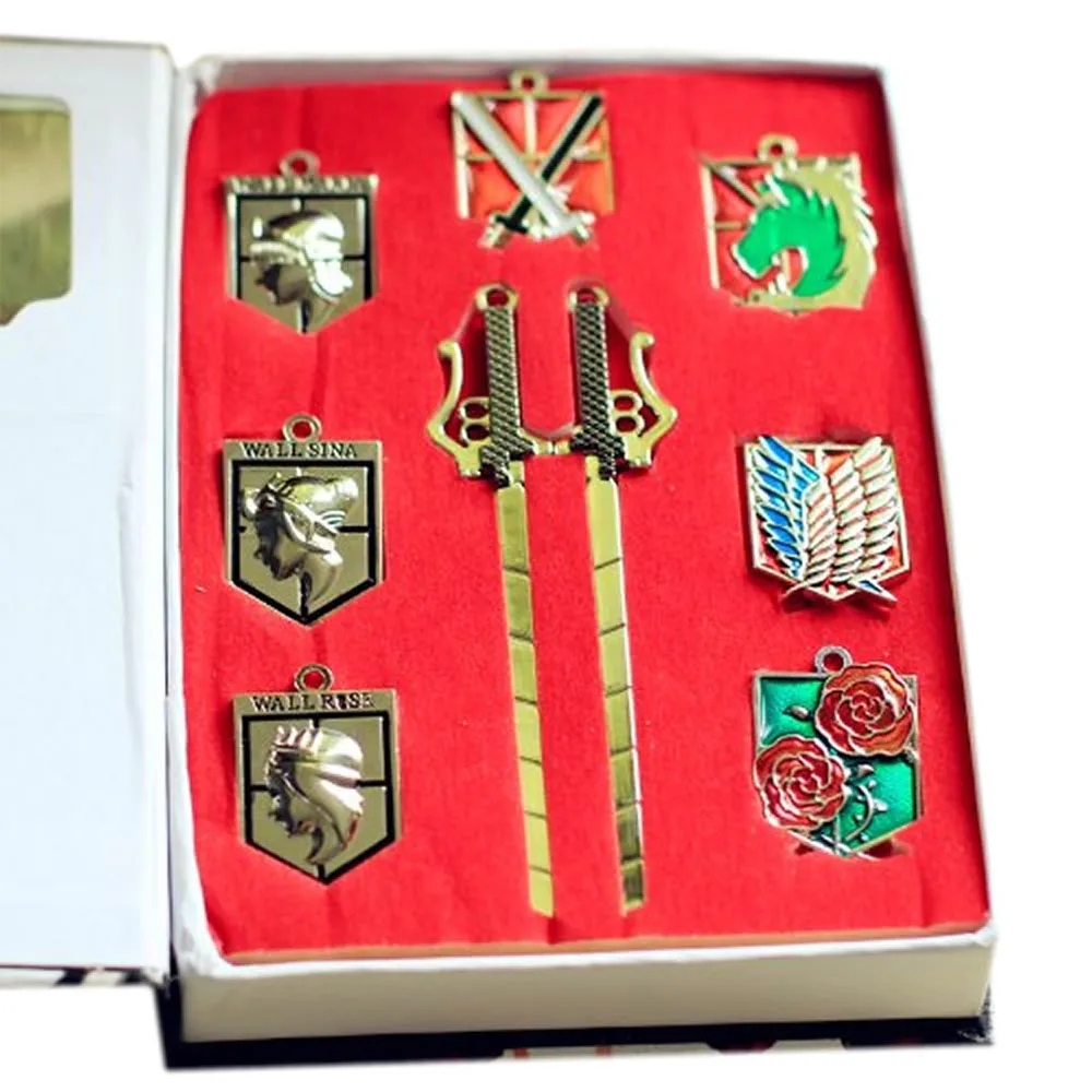 

Attack On Titan Badge Keychain Set Anime Cosplay Props 9pcs/set (7Pcs Badge + 2Pcs Mini Sword Keychain) Halloween Christmas Gift