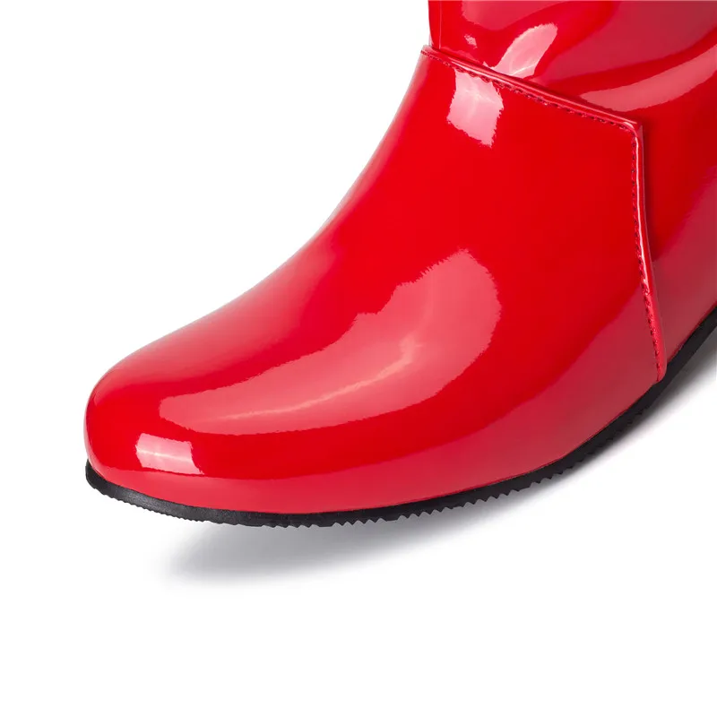 ASUMER/модные осенне-зимние ботинки; цвет красный, черный; женские ботинки до середины икры на молнии с круглым носком; ботинки из лакированной кожи на низком каблуке; Новое поступление года