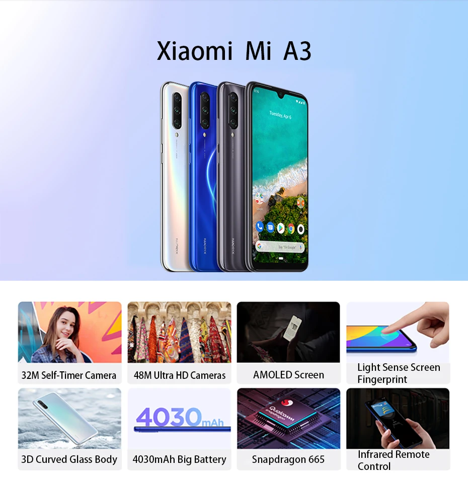 Глобальная версия Xiaomi mi A3 mi A3 4GB 128GB смартфон 4030mAh 6,088 "процессор Snapdragon 665 Восьмиядерный