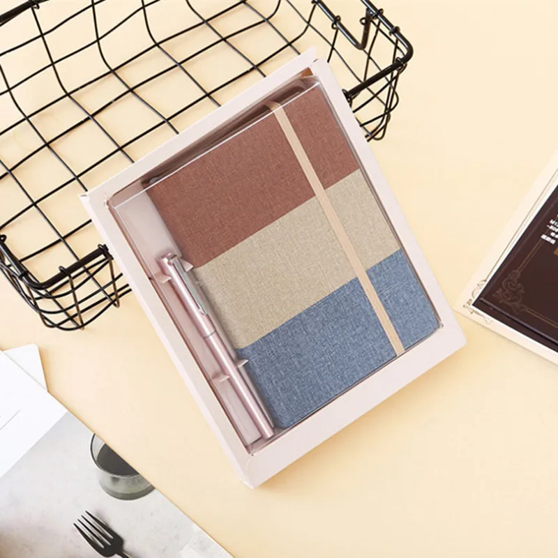 

32k Colour Plaid Cloth Cotton & Linen Notebook Blank Hand Book Set With Pen Gifts Box Elastic Band Traveler Journal Planners