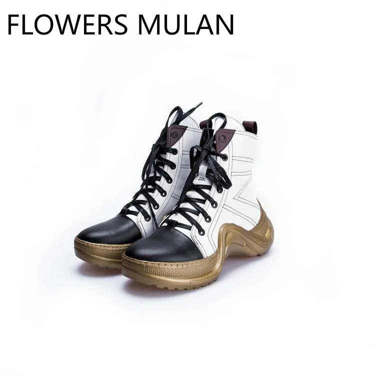

Mixed Color Black White Leather Chic Sewing Upper Winter Boots Women Round Toe Middle Hoof Heel High Top Lace Up Sneakers Shoes