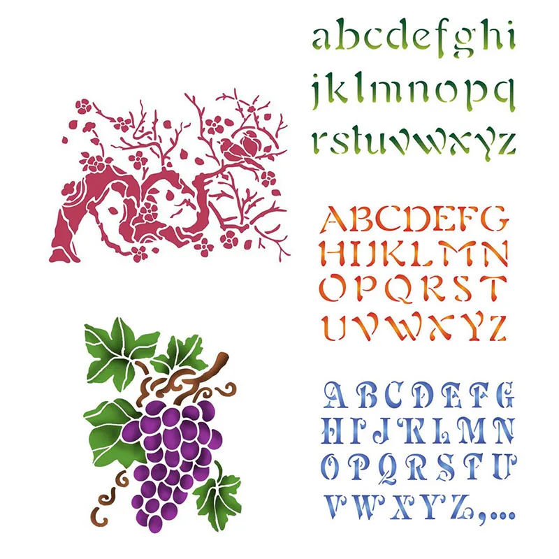 

Alphabets Plum Blossom Grape Plastic Stencil for DIY Scrapbooking Embossing Paper Cards Crafts Templates 2019 New 6x8 inch